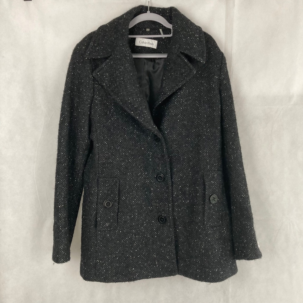Calvin Klein Peacoat Jacket Womens 14 Black White Speckled Wool Blend Tweed NEW
